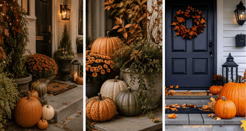 3 images Beautifully styled entryways with fall foliage, pumpkins and planters