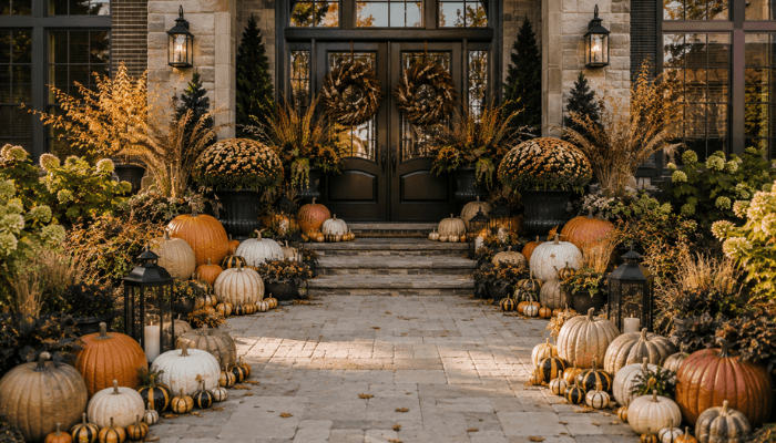 Premium A styled entryway displaying beautiful sprawling pumpkins and gourds of different colors thats highlight the core of fall.