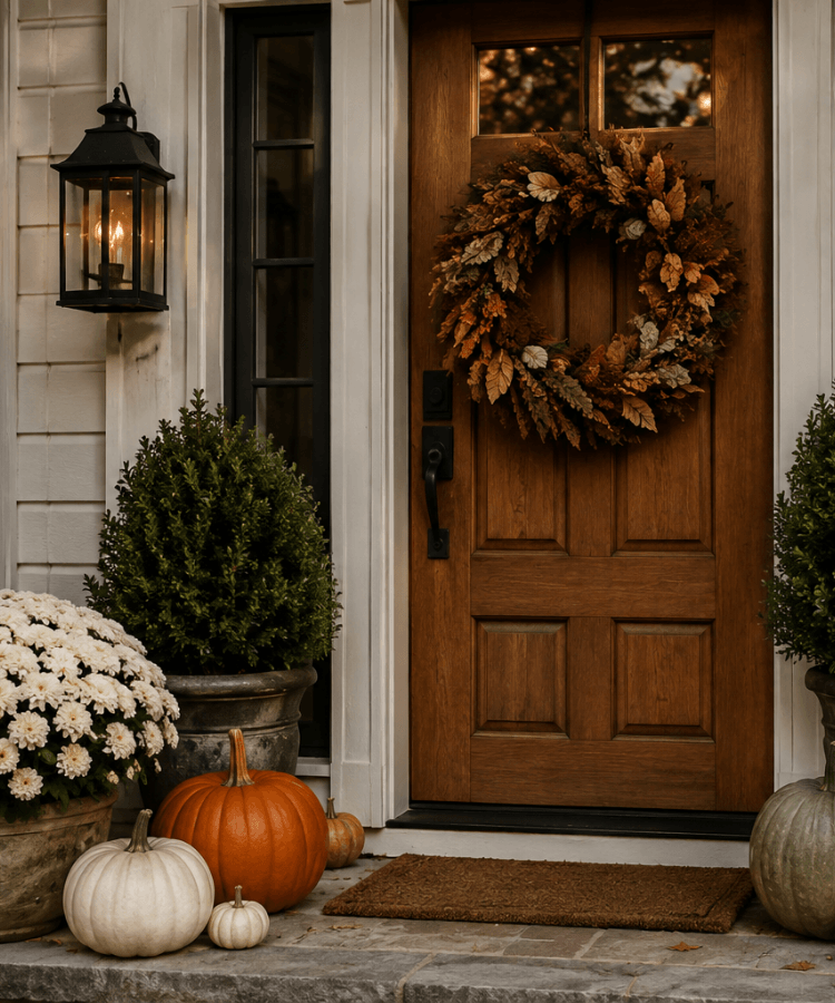 entry Beautifully styled entry with a warm wood door showing a fall wrethand mums of different colors in planters